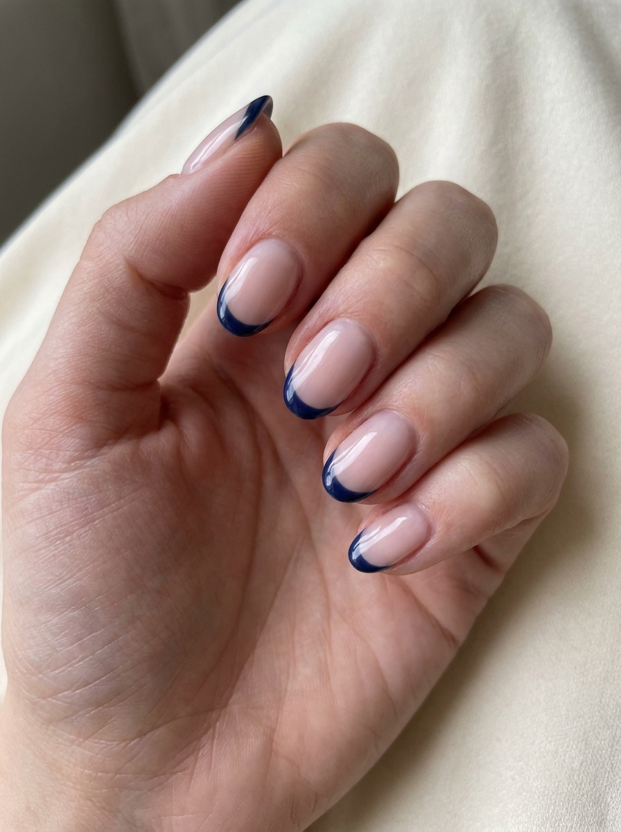 Milky Nude mit Navy French als Dunkelblaue Nägel Ideen Inspiration 2026